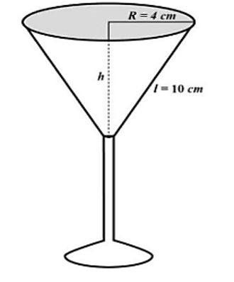 Bạn Nam dự định tổ chức buổi tiệc sinh nhật và chọn loại ly có phần chứa nước dạng hình nón với bán kính đáy R = 4cm và độ dài đường sinh l = 10 cm để khách uống nước trái cây. (ảnh 1)