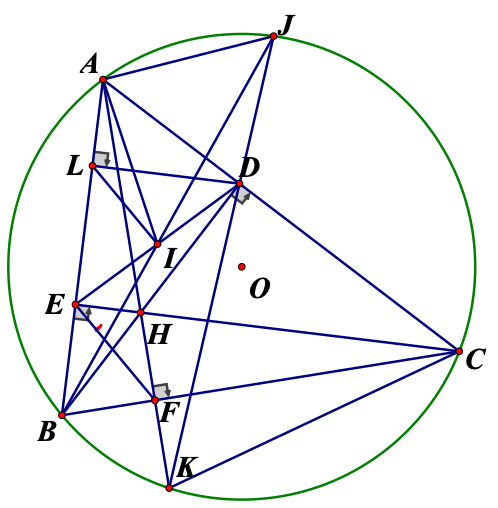 Cho tam giác ABC ( AB < AC ) nội tiếp đường tròn ( O ). Hai đường cao (BD) và CE của tam giác (ABC) cắt nhau tại (ảnh 1)