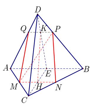 Cho hình tứ diện ABCD có tất cả các cạnh bằng 6. Gọi M,N lần lượt là trung điểm của CA,CB (ảnh 1)
