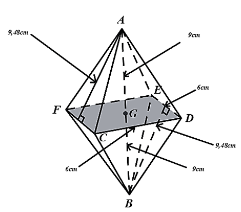 Cho hình vẽ bên gồm hai hình chóp tứ giác đều. Diện tích mặt ngoài của hình vẽ bên (theo các kích thước đã cho ở hình) là (ảnh 1)