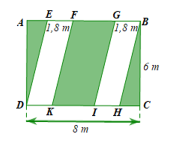 Trên mảnh đất hình chữ nhật có chiều dài (8m), chiều rộng (6m), người ta chia phân khu vực để trồng hoa, trồng cỏ như hình bên. Hoa sẽ được trồng ở khu vực hình bình hành EFKD và GBHI, cỏ sẽ được trồng ở các phần đất còn lại. (ảnh 1)