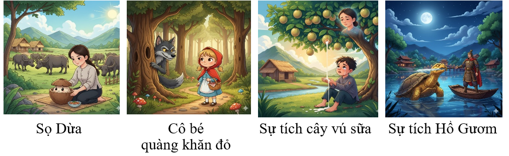 c) Em hãy kể tên các câu chuyện xuất hiện trong bức tranh dưới đây: (ảnh 2)