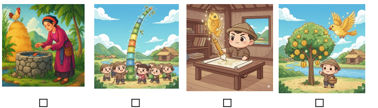 c) Em hãy đánh dấu ☑ vào bức tranh chứa câu chuyện được tưởng tượng trong đoạn văn trên. (ảnh 1)