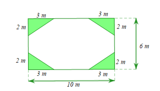 Cho mảnh vườn hình chữ nhật có độ dài hai cạnh là (6m) và (10m). Người ta trồng 4 bồn cỏ có dạng hình tam giác xung quanh như hình vẽ, phần còn lại trồng hoa. (ảnh 1)