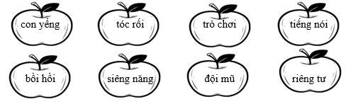 Tô màu xanh vào quả táo có tiếng chứa vần “yểng”, tô màu vàng vào quả táo có tiếng chứa vần “iêng”. (ảnh 1)