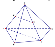 Cho hình chóp tứ giác S.ABCD. Gọi Pvà Q lần lượt là trung điểm của SA và SC (ảnh 1)