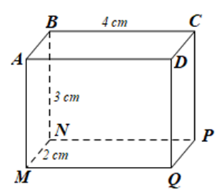 Cho hình hộp chữ nhật A B C D . M N P Q có độ dài N B = 3 c m , B C = 4 c m , M N = 2 c m . Chiều dài mặt đáy hình hộp là (ảnh 1)