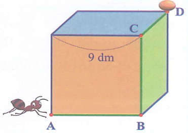 Con kiến bò từ đỉnh A qua các đỉnh B, C của chiếc hộp dạng hình lập phương (như bức tranh) để đến chỗ hạt đậu ở đỉnh D. Quãng đường con kiến bò dài là: (ảnh 2)
