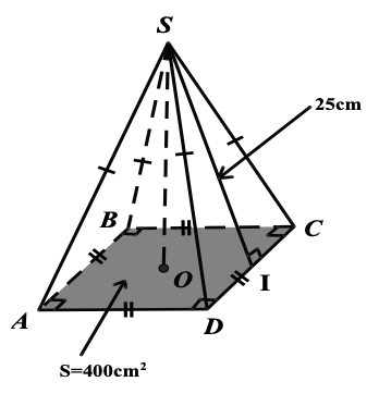 Cho một hình chóp tứ giác đều [S.ABCD] có diện tích đáy là  (ảnh 1)