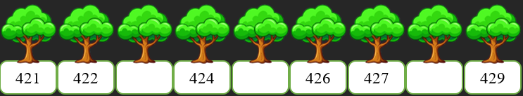 Người ta đánh số lên dãy cây xà cừ trong công viên theo thứ tự tăng dần. Nhưng do trời mưa nên một số cây bị nhoè mất số. Em hãy viết lại các số còn thiếu vào chỗ trống. (ảnh 1)