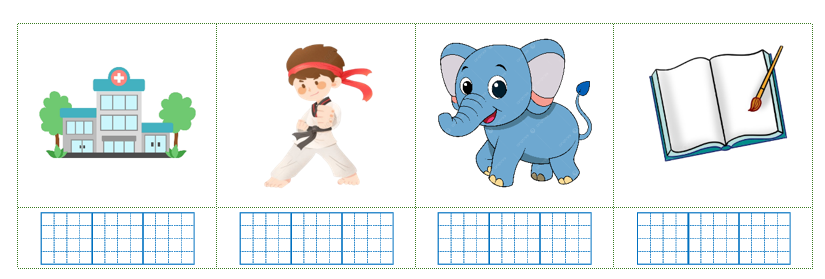 Viết “y tế xã, vở vẽ, múa võ, con voi” dưới hình phù hợp.  (ảnh 1)