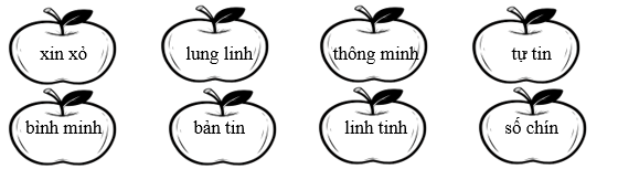 Tô màu xanh lá vào quả táo có tiếng chứa vần “in”, tô màu vàng vào quả táo có tiếng chứa vần “inh”.  (ảnh 1)