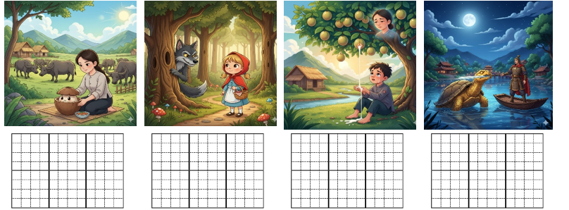 c) Em hãy kể tên các câu chuyện xuất hiện trong bức tranh dưới đây: (ảnh 1)