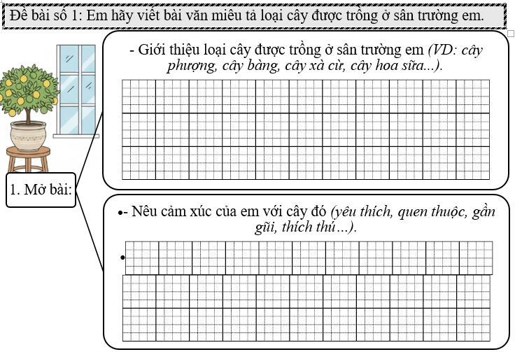 Đề bài số 1: Em hãy viết bài văn miêu tả loại cây được trồng ở sân trường em.  (ảnh 1)