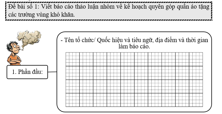 Đề bài số 1: Viết báo cáo thảo luận nhóm về kế hoạch quyên góp quần áo tặng các trường vùng khó khăn. (ảnh 1)