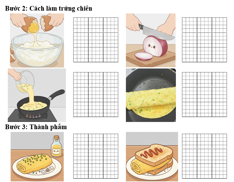 Đề bài số 1: Dựa vào hình ảnh dưới đây hoàn thành hướng dẫn cách làm món trứng chiên đơn giản tại nhà. (ảnh 2)