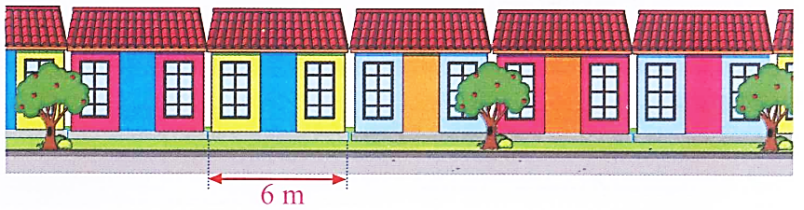 Các ngôi nhà trong khu phố nơi An và Bình sống nằm sát nhau. Mỗi ngôi nhà rộng 6 m (như bức tranh). Nhà An cách nhà Bình 8 ngôi nhà. Vậy khoảng cách từ nhà An đến nhà Bình là: (ảnh 1)