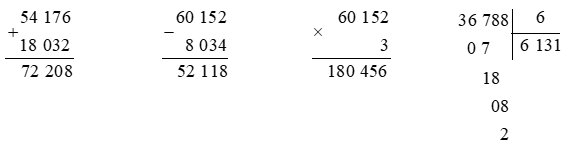 Đặt tính rồi tính.  54 176 + 18 032 60 152 – 8 034 (ảnh 1)