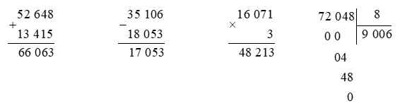 Đặt tính rồi tính.  52 648 + 13 415 35 106 – 18 053 (ảnh 1)
