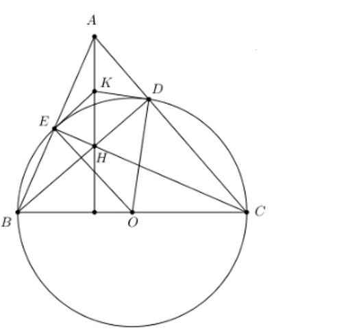 Cho tam giác nhọn ABC có BC = 8 cm. Đường tròn tâm O đường kính BC cắt AB,AC lần lượt tại E và D. Hai đường thẳng BD và CE cắt nhau tại H. (ảnh 1)