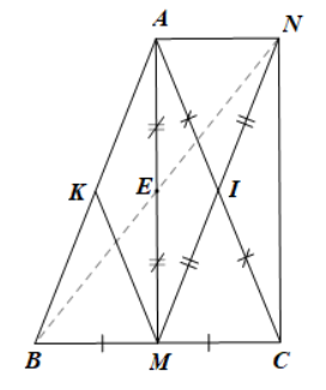 Cho Delta ABC cân tại A, trung tuyến AM ;I là trung điểm AC. Gọi N là điểm đối xứng của M qua I. (ảnh 1)