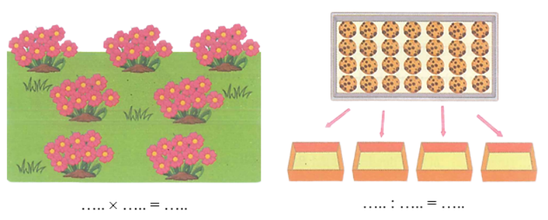  Quan sát bức tranh, viết phép nhân hoặc phép chia thích hợp: (ảnh 1)