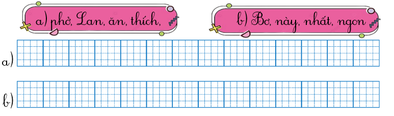 Sếp các từ ngữ thành câu rồi viết lại câu: (ảnh 1)