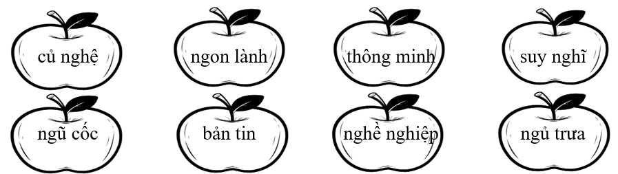 Tô màu xanh lá vào quả táo có tiếng chứa “ng”, tô màu vàng vào quả táo có tiếng chứa “ngh”. (ảnh 1)