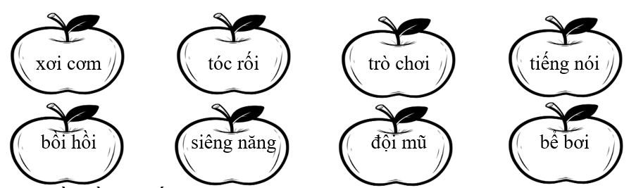 Tô màu xanh vào quả táo có tiếng chứa vần “ôi”, tô màu vàng vào quả táo có tiếng chứa vần “ơi”. (ảnh 1)