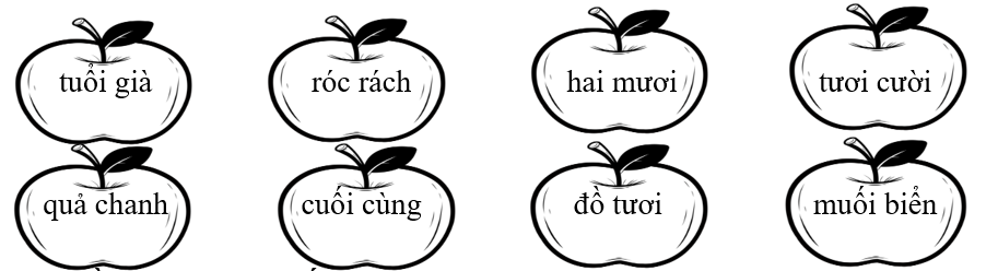 Tô màu xanh vào quả táo có tiếng chứa vần “uôi”, tô màu vàng vào quả táo có tiếng chứa vần “ươi”. (ảnh 1)