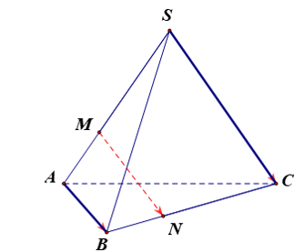Cho hình chóp S.ABC. Lấy M thuộc cạnh SA, N thuộc cạnh BC (ảnh 1)