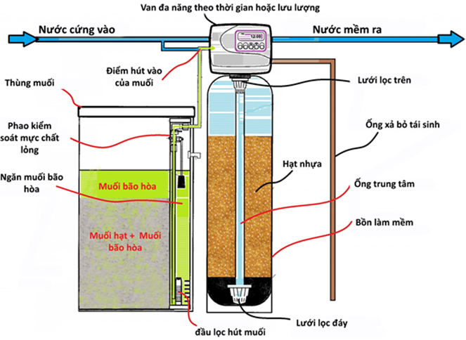Hình dưới đây mô tả cấu tạo của hệ thống làm mềm nước cứng theo nguyên lý trao đổi ion. Trong đó, hạt nhựa trong bồn chứa hạt làm mềm có nhóm chức –SO3Na. (ảnh 1)