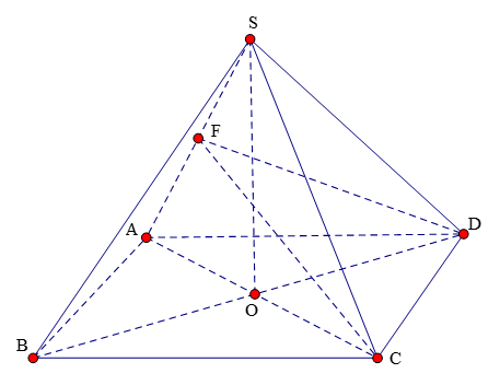 Cho hình chóp tứ giác đều S.ABCD có cạnh đáy bằng a, cạnh bên bằng sqrt 2 a. Gọi F là trung điểm của cạnh SA (ảnh 1)