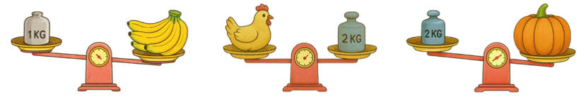 Đúng ghi Đ, sai ghi S? a) Nải chuối nặng hơn 1 kg b) Con gà nặng hơn quả bí ngô (ảnh 1)