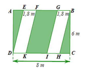 Trên mảnh đất hình chữ nhật có chiều dài (8m), chiều rộng (6 m), người ta chia phân khu vực để trồng hoa, trồng cỏ như hình bên. Hoa sẽ được trồng ở khu vực hình bình hành EFKD và GBHI, cỏ sẽ được trồng ở các phần đất còn lại. (ảnh 1)