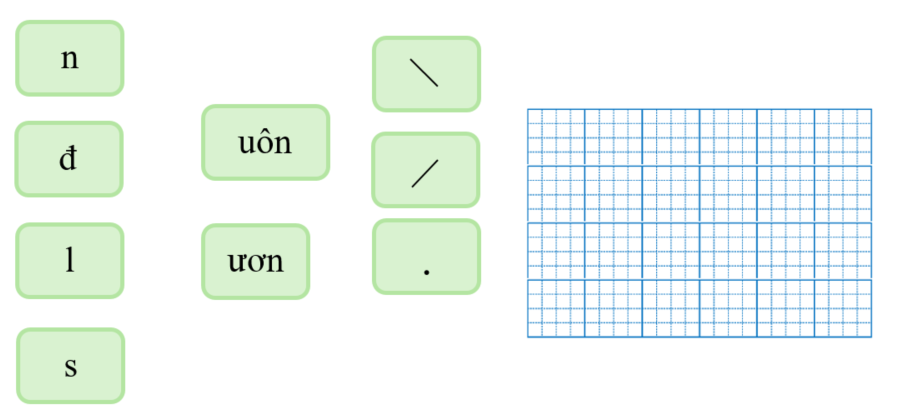 Em hãy ghép các chữ, các vần và các dấu thanh sau thành từ có nghĩa và viết lại: (ảnh 1)