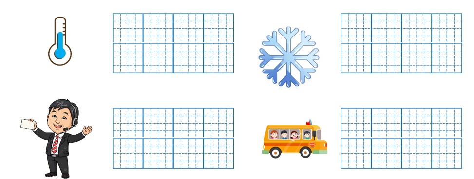 Em hãy điền từ “xe buýt, nhiệt độ, thuyết trình, bông tuyết” thích hợp vào các hình sau: (ảnh 1)