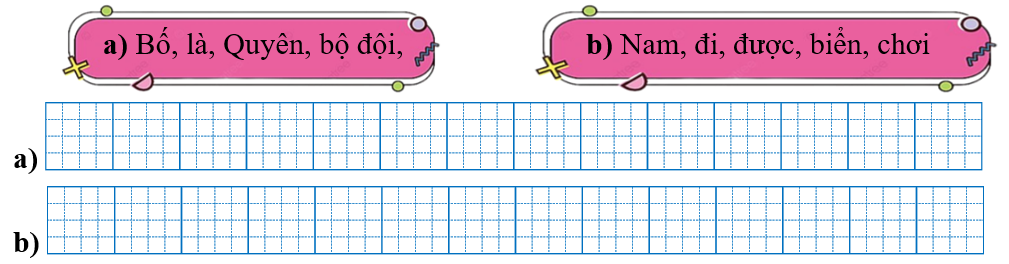 Sếp các từ ngữ thành câu rồi viết lại câu: (ảnh 1)