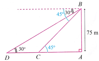 Từ trên một ngọn hải đăng cao \(75\,\,{\rm{m}}\), người ta quan sát hai lần thấy một chiếc thuyền đang hướng về phía hải đăng với góc hạ lần lượt là \(30^\circ \) và \(45^\circ \) (xem hình vẽ). (ảnh 2)
