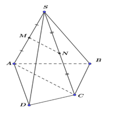 Cho hình chóp tứ giác S.ABCD. Gọi M,N lần lượt là trung điểm của SAvà SC. Mệnh đề nào sau đây đúng (ảnh 1)