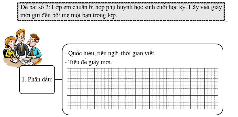 Đề bài số 2: Lớp em chuẩn bị họp phụ huynh học sinh cuối học kỳ. Hãy viết giấy mời gửi đến bố/ mẹ một bạn trong lớp.” (ảnh 1)