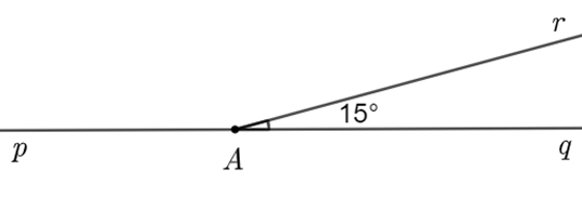Cho hai góc ˆ p A r và ˆ r A q kề bù với nhau, biết ˆ r A q = 15 ∘ . Khi đó, số đo ˆ p A r bằng (ảnh 1)