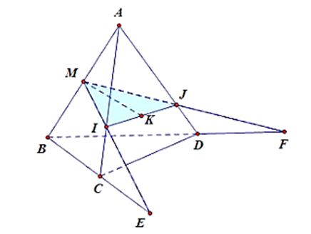 Cho tứ diện đều A B C D , cạnh bằng a . Kéo dài B C một đoạn C E = a . Kéo dài B D một đoạn D F = a . Gọi M là trung điểm của A B . (a) Tìm thiết diện của tứ diện với mặt phẳng ( M E F ) . (b) Tính diện tích của thiết diện. (ảnh 1)