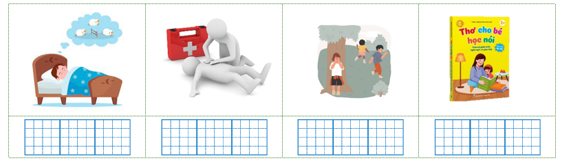 Viết các từ “tập thơ, nằm mơ, sơ cứu, trốn tìm” dưới hình phù hợp: (ảnh 1)