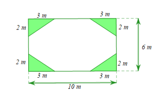 Cho mảnh vườn hình chữ nhật có độ dài hai cạnh là 6 m  và (10 m ). Người ta trồng 4 bồn cỏ có dạng hình tam giác xung quanh như hình vẽ, phần còn lại trồng hoa. (ảnh 1)