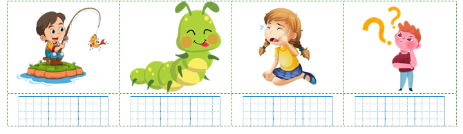 Viết các từ “mếu máo, cau có, câu cá, con sâu” dưới hình phù hợp: (ảnh 1)