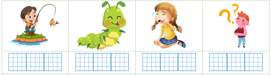 Viết các từ “mếu máo, cau có, câu cá, con sâu” dưới hình phù hợp: (ảnh 1)