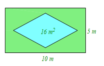 Một công viên thiết kế hồ nước hình thoi có diện tích (16 m^2}\). Để an toàn cho mọi người đến tham quan hồ nước, công ty đã trồng bãi cỏ xung quanh hồ nước tạo thành khu công viên hình chữ nhật với kích thước như hình vẽ sau: (ảnh 1)