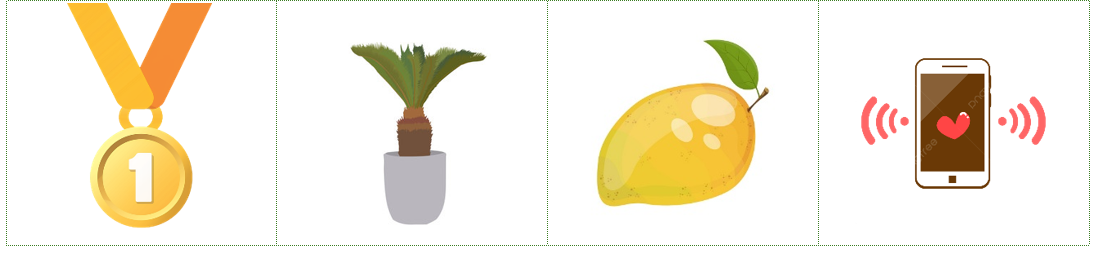 Viết các từ “quả xoài, điện thoại, huy chương, vạn tuế” vào hình phù hợp: (ảnh 1)