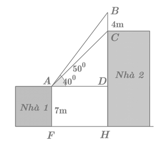 Cho hai tòa nhà 1 và tòa nhà 2 như hình vẽ bên. Trên nóc tòa nhà 2 có một cột ăng-ten thẳng cao \(4\) m. (ảnh 1)